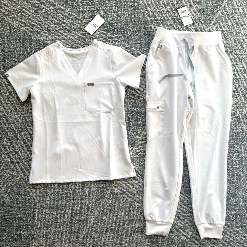 NWT Figs White XXS Catarina Top XXSP High Waist Zamora Jogger Pants Scrubs Set